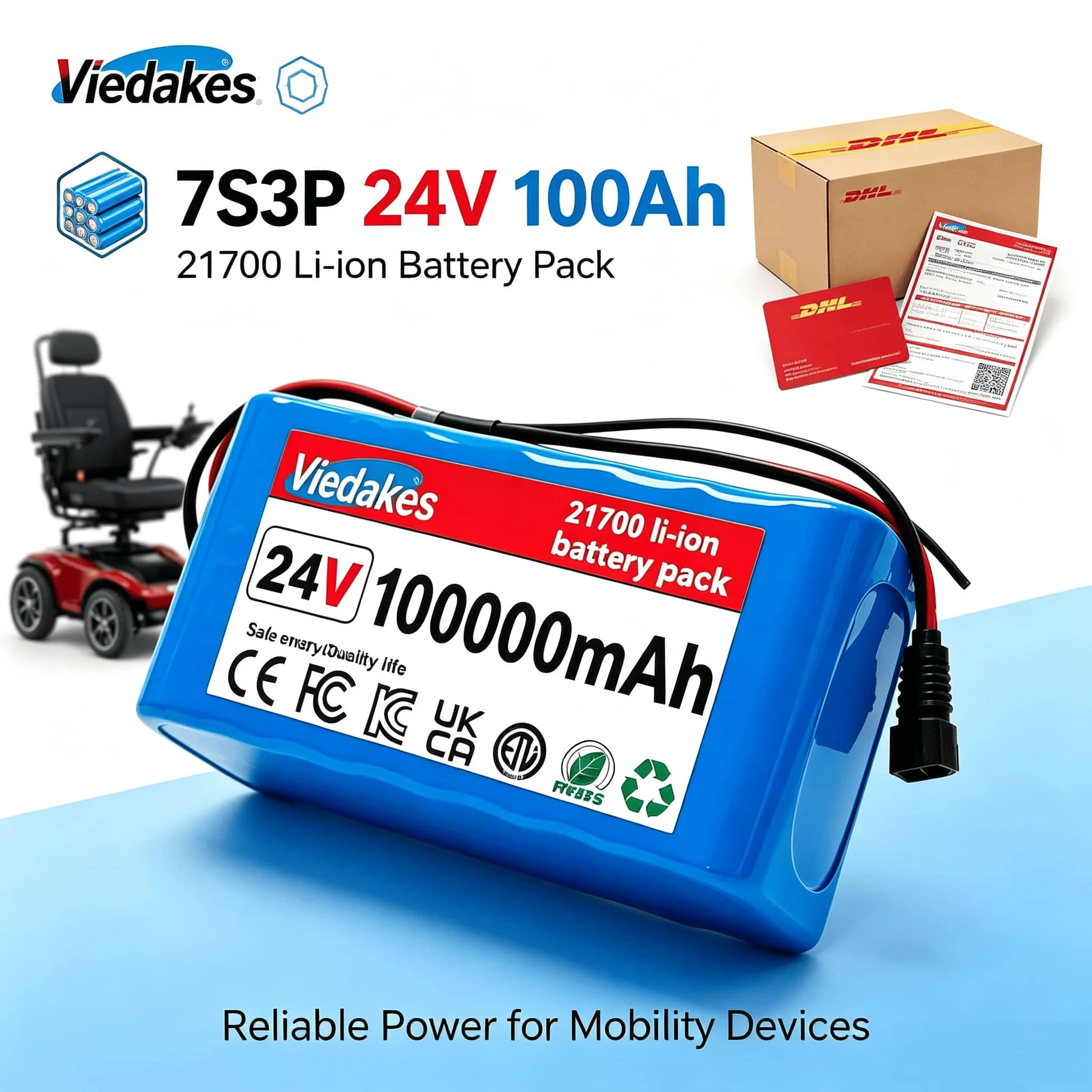 💯21700 24V Battery 7S3P 80Ah Lithium Pack With BMS Free 29.4V Charger Mobility Wheelchair Scooter