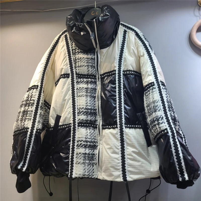 

Plaid High Neck Patchwork Woolen Knitted Down Jacket for Women Chic Puffer Jacket Hipster Streetwear Winter Thermal Down Parka