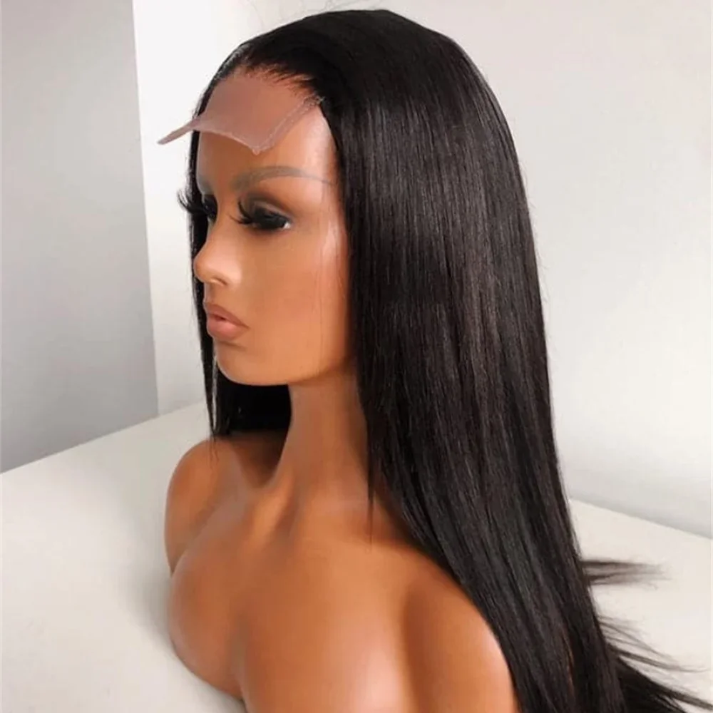 Peluca con malla frontal recta negra de 26 pulgadas de largo suave sin pegamento para mujeres negras BabyHair 180% densidad prearrancada Cosplay diario