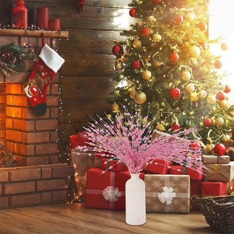 5 قطع من فروع التوت الاصطناعي اللامعة الوردية لتزيين شجرة عيد الميلاد وديكور المنزل وإكسسوارات ديكور السنة الجديدة #4
