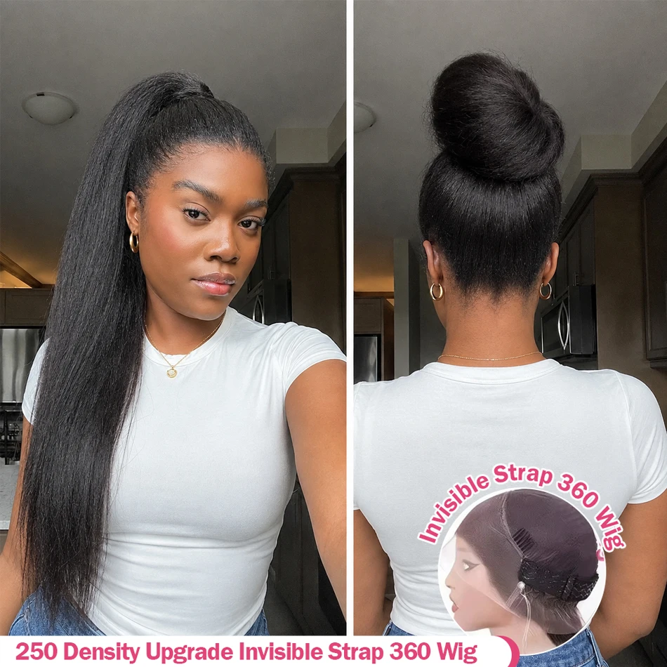 Image of 220% Dichte Kinky Straight 360 Perücke aus Echthaar mit HD-Spitze, unsichtbarem Band, vorgeschnittener Spitze, gebleichten Knoten und natürlichem Haaransatz.