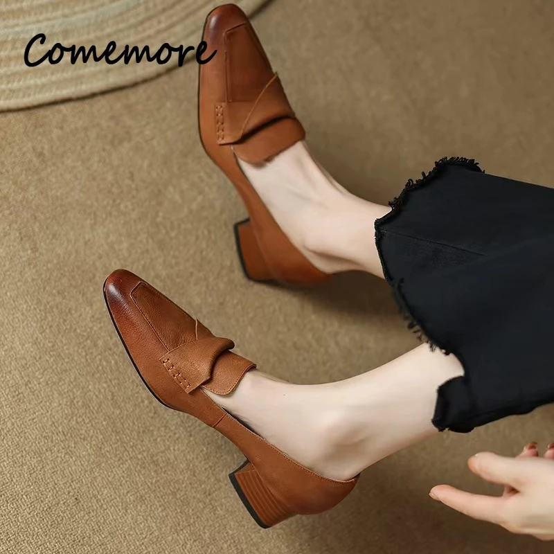 Comemore Pleated Slip on Mid Heels Office Ladies Shoe Chunky Heel Women Square Toe Shoes for Woman Women\'s Autumn 2023 Pumps 34