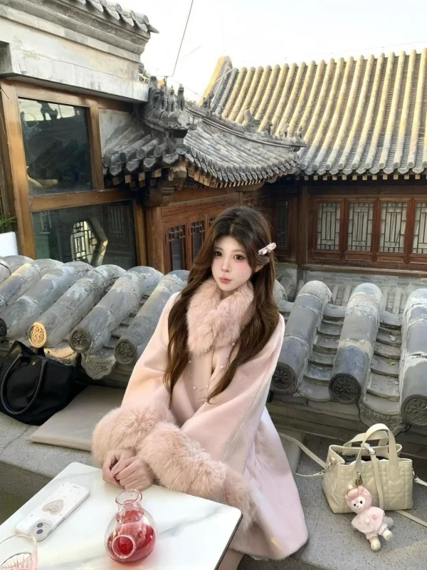 

Розовое шерстяное пальто, женское осенне-зимнее новое пальто Sle Ele Lady, ветровка с воротником Sensation Rich Girl Feel, длинное пальто