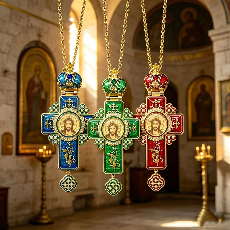Byzantine Wall Cross Cloisonne Enamel Gold Plated with Chain Crown IHS Jesus Rhinestone Red Green Blue Church Orthodox Decor