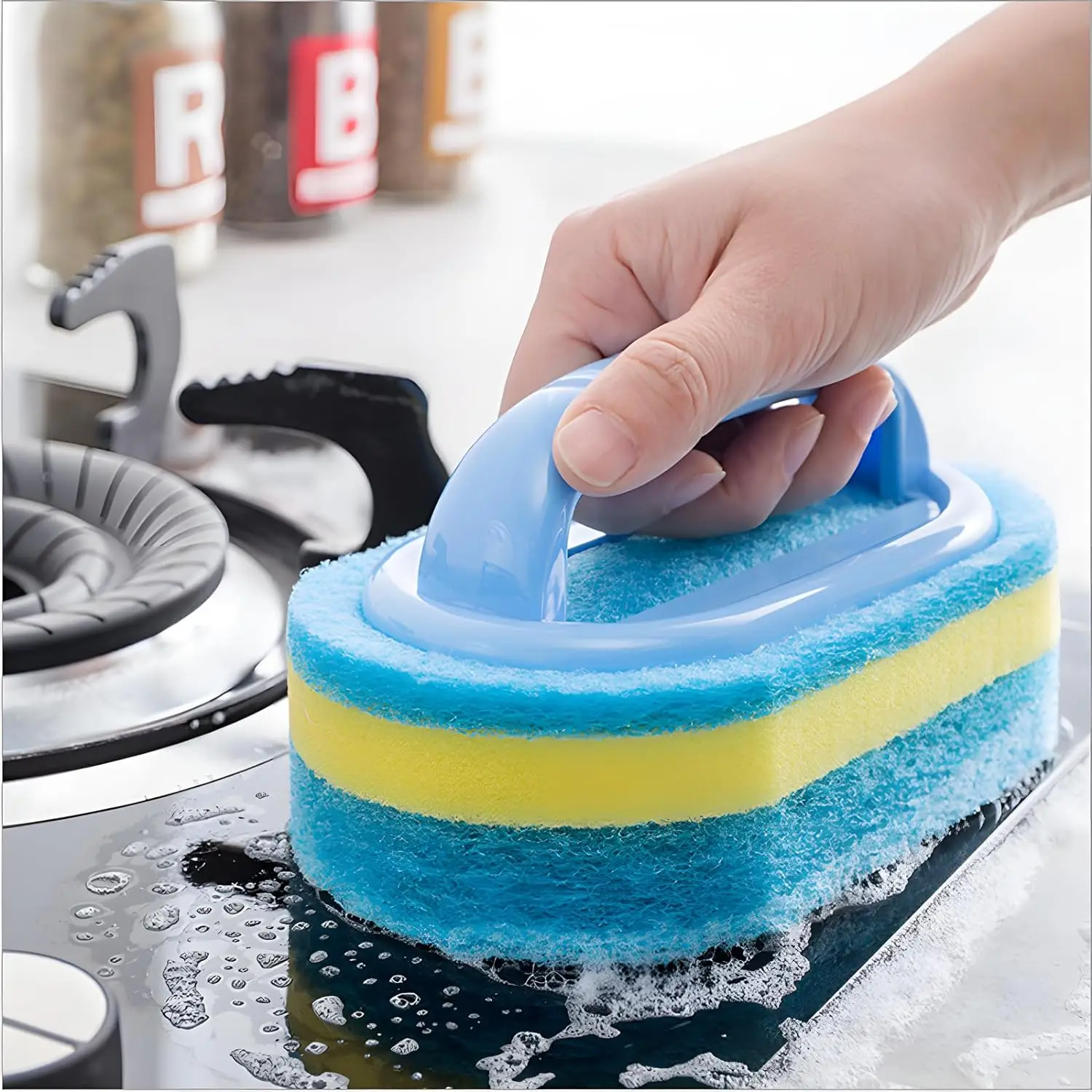 1PC Kitchen Cleaning Brush with Handle - Pot Washing Sponge High-Density Thick Scouring Pad Ceramic Tile Wall Cleaning Brush