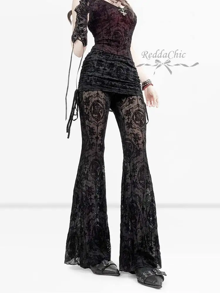 REDDACHiC Women Flocked Cross Flared Pants Grunge Skull Portrait Ruched Elastic Waist Bodycon Skorts Gothic Alternative Clothes