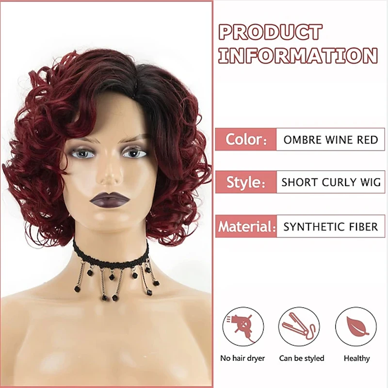 HAIRJOY Synthetic Hair Short Burgundy Curly Wigs for  Women Ombre Wine Red  Short  Wig