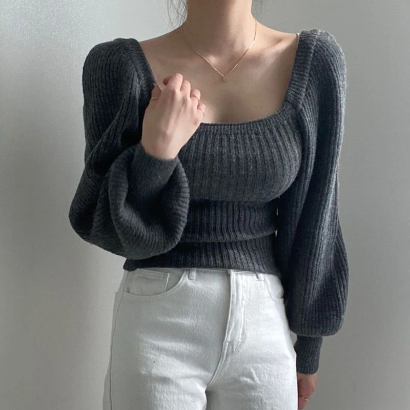 Lucyever Sexy Low-Cut Square Collar Sweater Woman Vintage Puff Sleeve Slim Fit Knitted Jumper Autumn Winter Elastic Knitwear