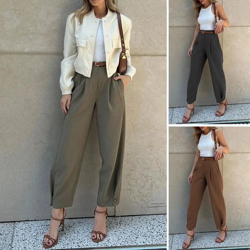 

Women Pants Temperament High Waist Cargo Pants Zipper Fly Female Ankle Trousers Pantalones Pockets Casual Nine-point Suit Pants