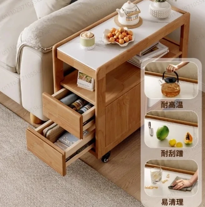 Living Room Side Cabinet & Coffee Table, Solid Wood Movable Small Sofa End Table
