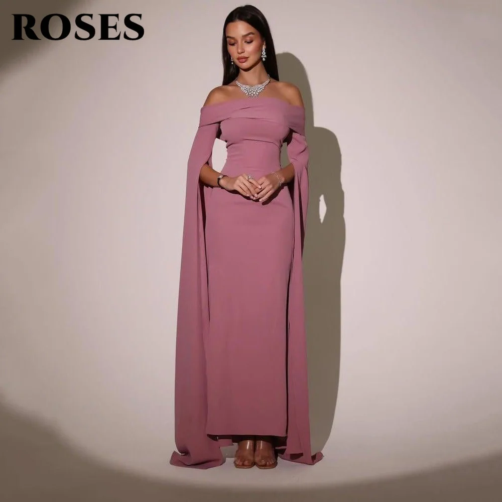 

ROSES Pink Blush Stain Off Shoulder Evening Dress Cape Sleeves Formal Gown Flowing Silhouette Night Dress robe de bal Customized