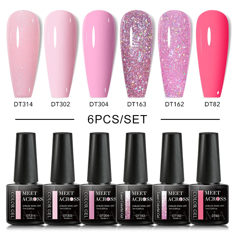 

MEET ACROSS 6pcs Gel Nail Polish Kit Pink Glitter Soak Off UV LED Gel Set All For Manicure Nail Art DIY Design Base Top Vernis