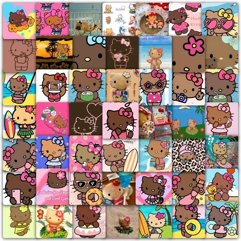 59/PCS Kawaii Bikini Dark Skin Hello Kitty Stickers Suitable for Laptops and Mobile Phones Decorative Stickers Birthday Gift Set