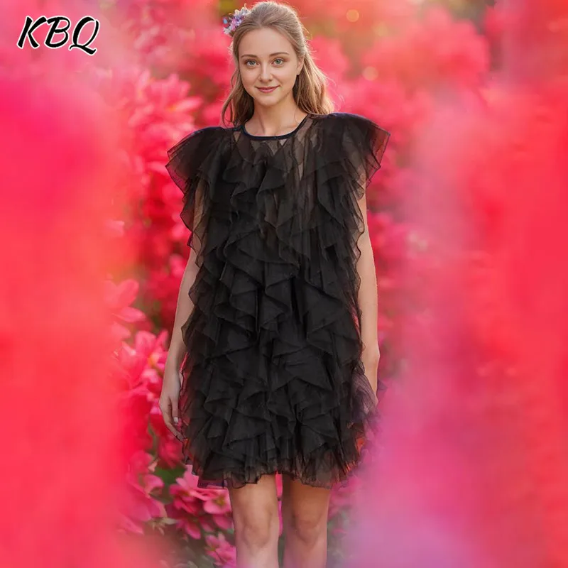 

KBQ Solid Temperament Spliced Lace Up Mesh Dress For Women Round Neck Sleeveless High Waist Formal Dresses Female Fashion Style