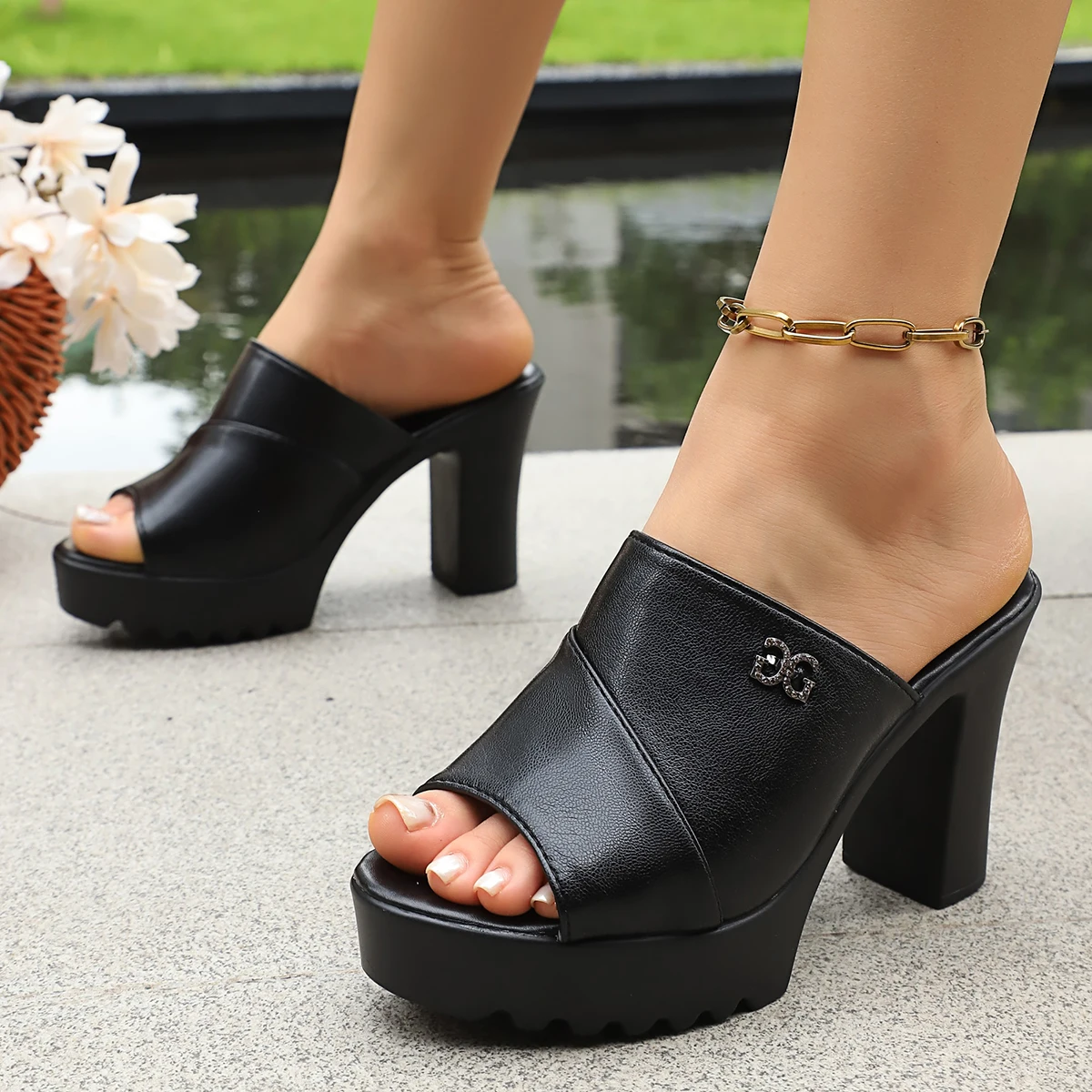 Modische, bequeme, elegante High-Heel-Slipper, Sommerneuheit, runde Spitze, Fischmaul-Design, sexy, lässige Slipper für Damen – Detail 5