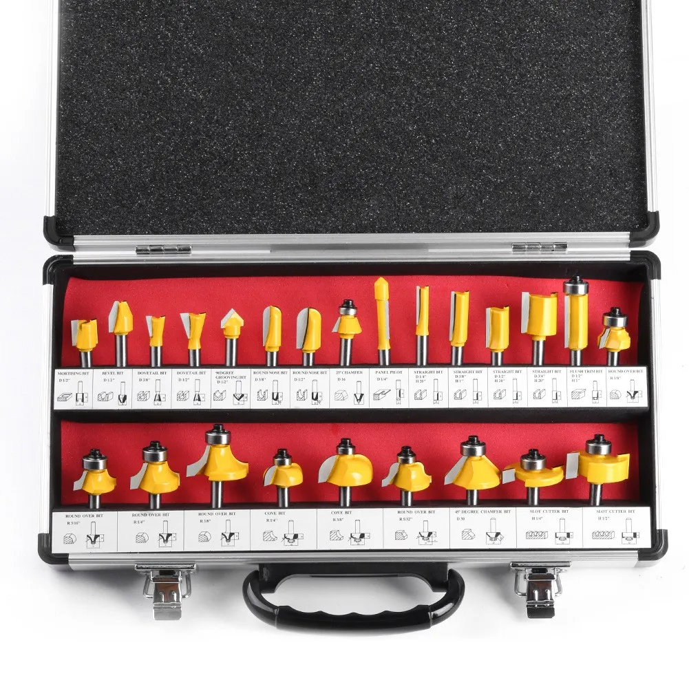 Juego de 24 fresas de router de 6 mm para grabado y recorte, herramientas de carpintería, kit de fresado para ranuras y esquinas redondeadas con estuche de aluminio