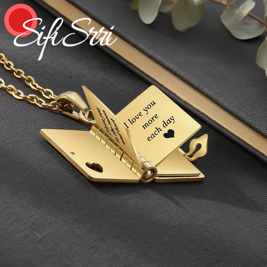 

Sifisrri на заказ 3-страничный медальон с книгой, ожерелье с гравировкой имени и текста для женщин, ювелирная цепочка из нержавеющей стали, персонализированный подарок на память