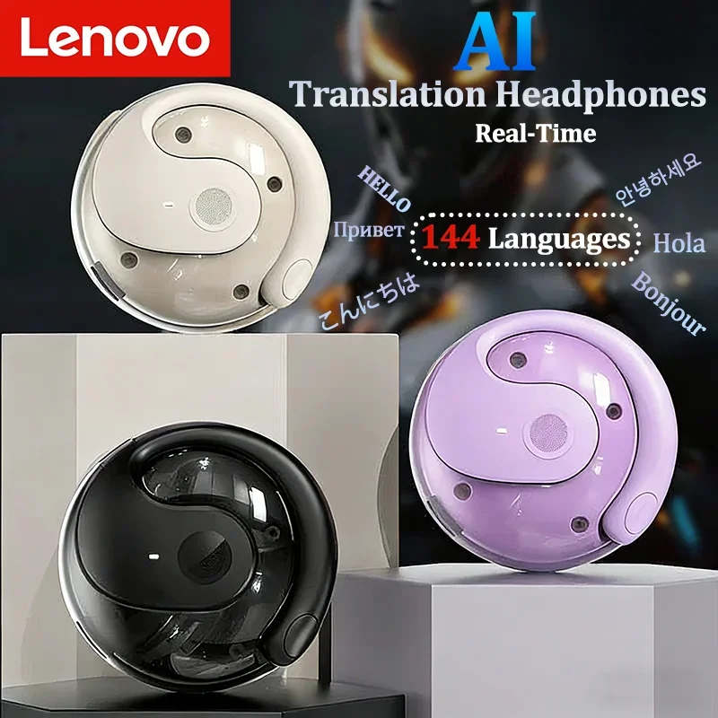 Auriculares de traducción Lenovo AI, auriculares de traducción de voz en tiempo Real, 144 idiomas, estilo inalámbrico con gancho para la oreja para viajes y deportes