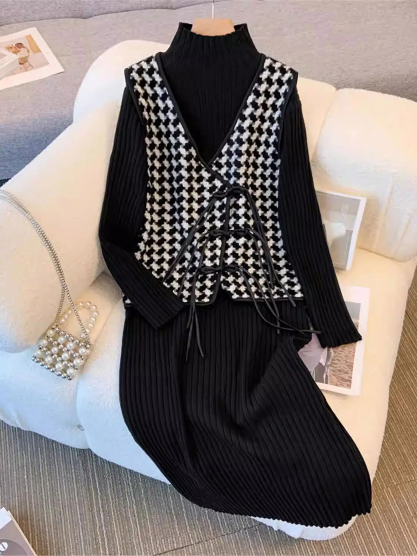 

Small Fraance Sle Knitted Set Women's plus Size Autumn Spring Casual Loose Fit Dr And Vest Two-Piece Suit