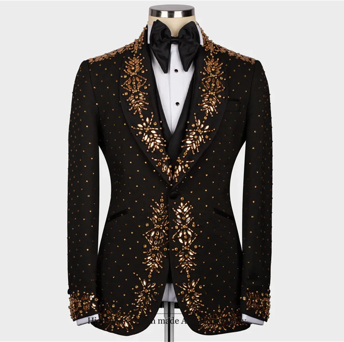 

Luxury Crystal Men Suits Beaded Lapel Groom Wedding Tuxedo 3 Pieces Sets Bridegroom Prom Blazers Party Terno Masculinos Completo