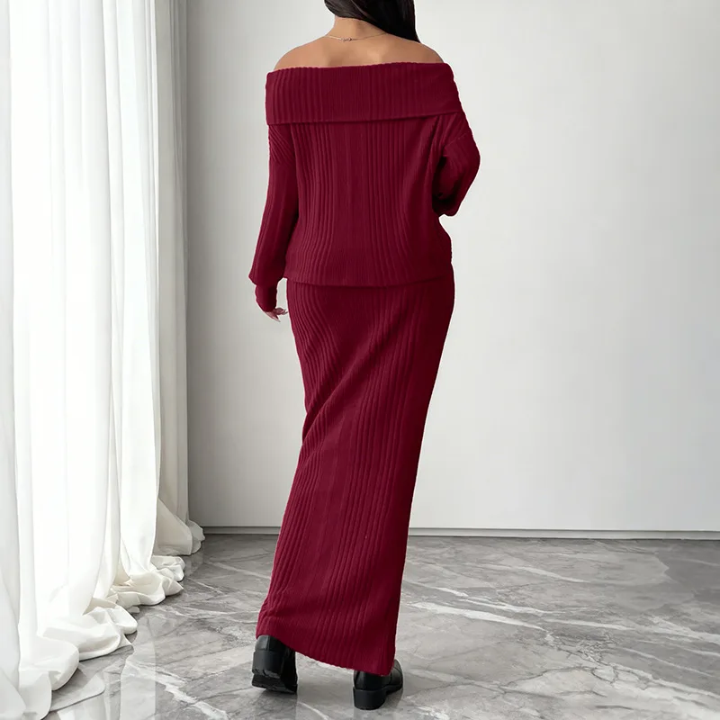 New Autumn Winter Retro Elegant Style Warm One-shoulder Knitted Solid Color Fashion Suit