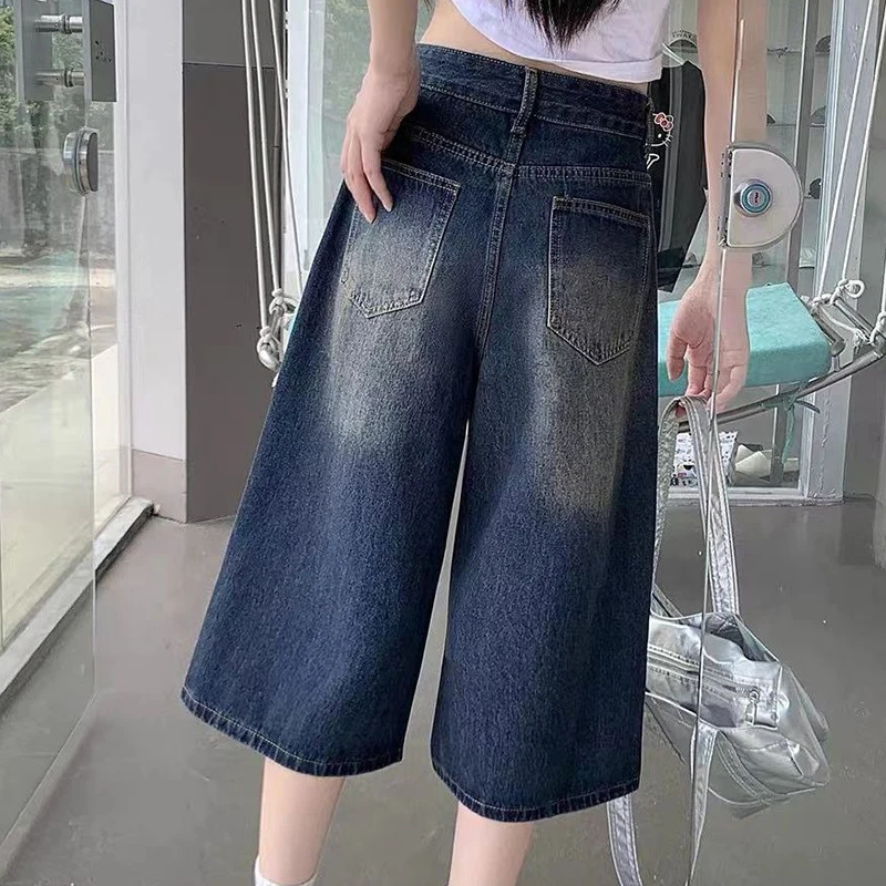 Jean Vintage américain bleu longueur mollet, taille haute, ample, décontracté, jambes larges, pantalon en Denim délavé classique Harajuku Y2K, été