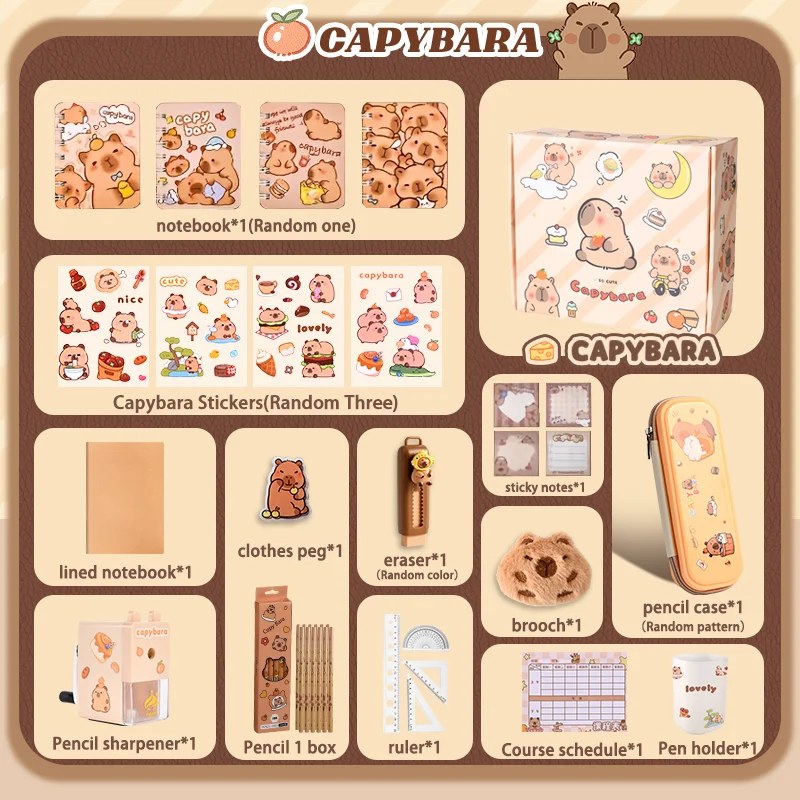 Set de regalo de papelería con temática de capibara: varias útiles escolares, incluidos pegatinas, cuadernos, lápices y accesorios.