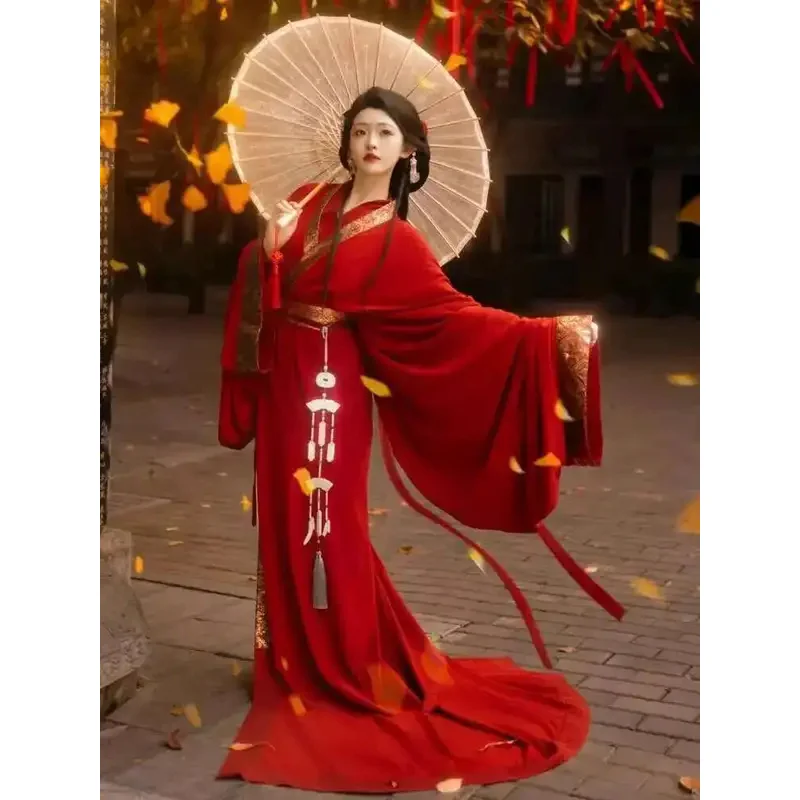 DY20[Zhaojun]Emas Tenun Merah, Restorasi Makam Ma Shan Chu Merah, Hanfu Kereta Lurus Baru, Kostum Kuno Berburu, Negara Perang