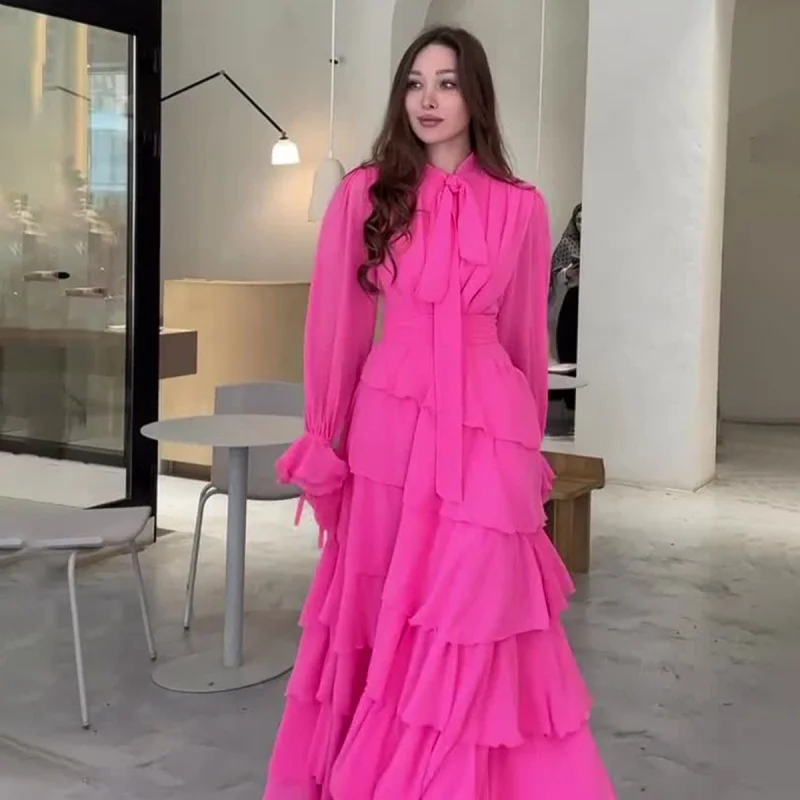 

Autumn New Ruffled Edge Patchwork Court Style Chiffon Design Half High Neck Dress