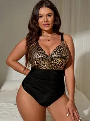 Summer new plus-size women's swimsuit One piece of high-grade sexy Metal Printed Tobikini plus-size Adjustable strap swimsuit