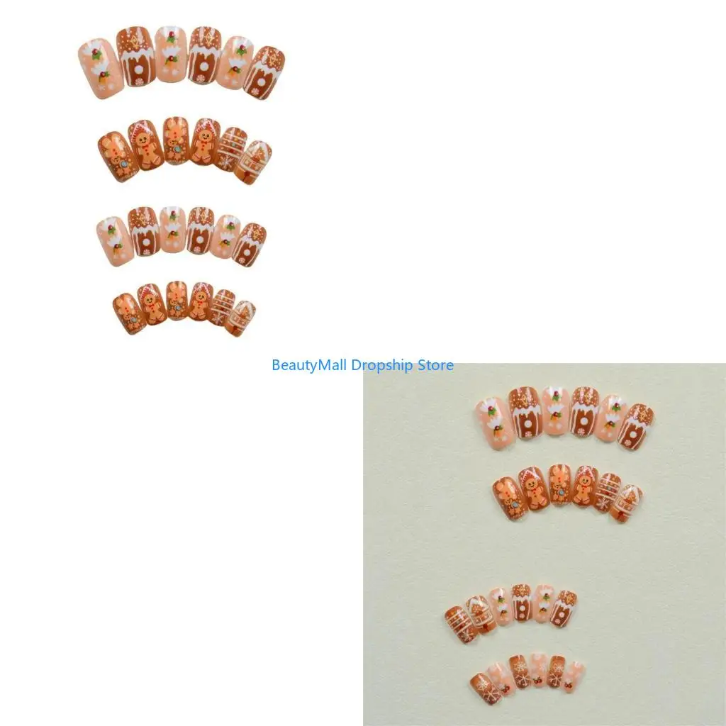 40JD ジンジャーブレッドマン人工爪スノーフレーク付け爪クリスマスプレス爪チョコレートハウススティック爪
