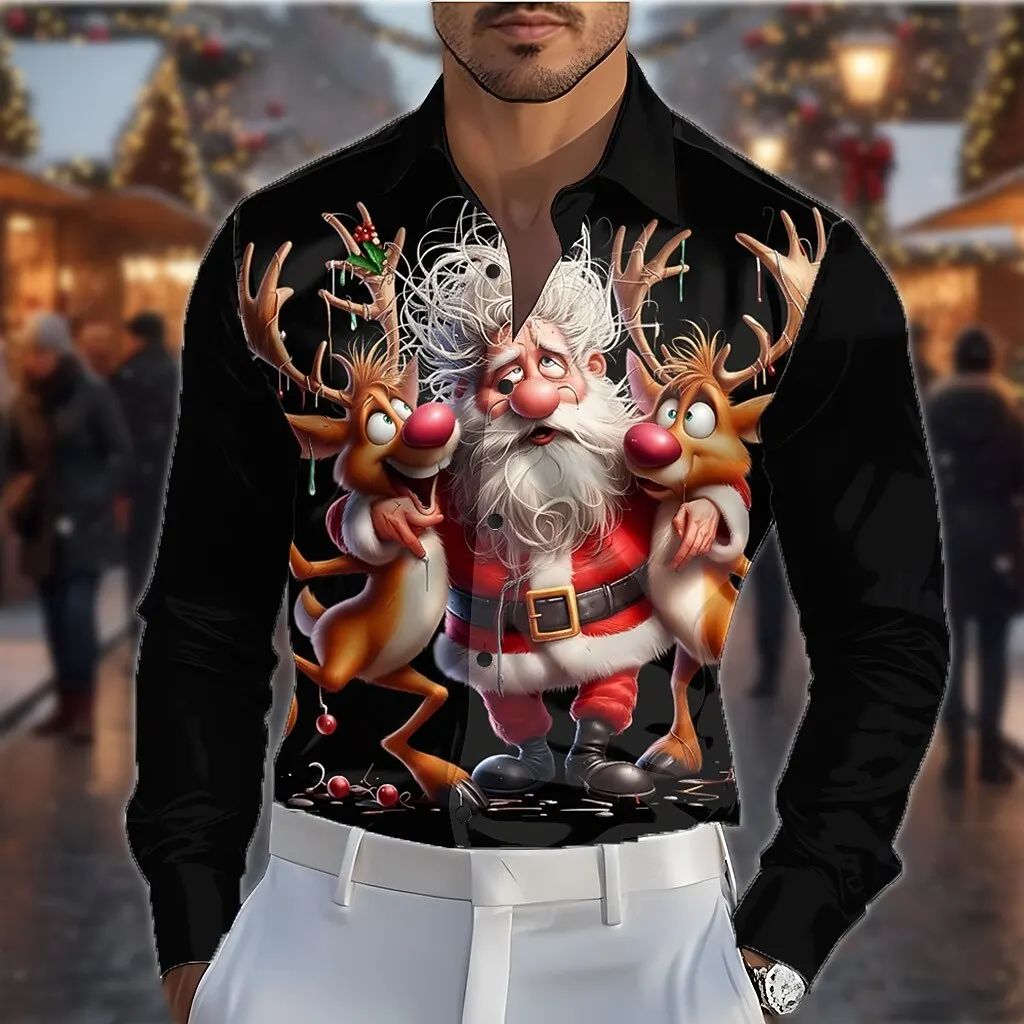 قميص عيد الميلاد للرجال سانتا كلوز الرنة المضحك لعيد الميلاد، قميص بأكمام طويلة، كاجوال للعطلات والربيع والخريف