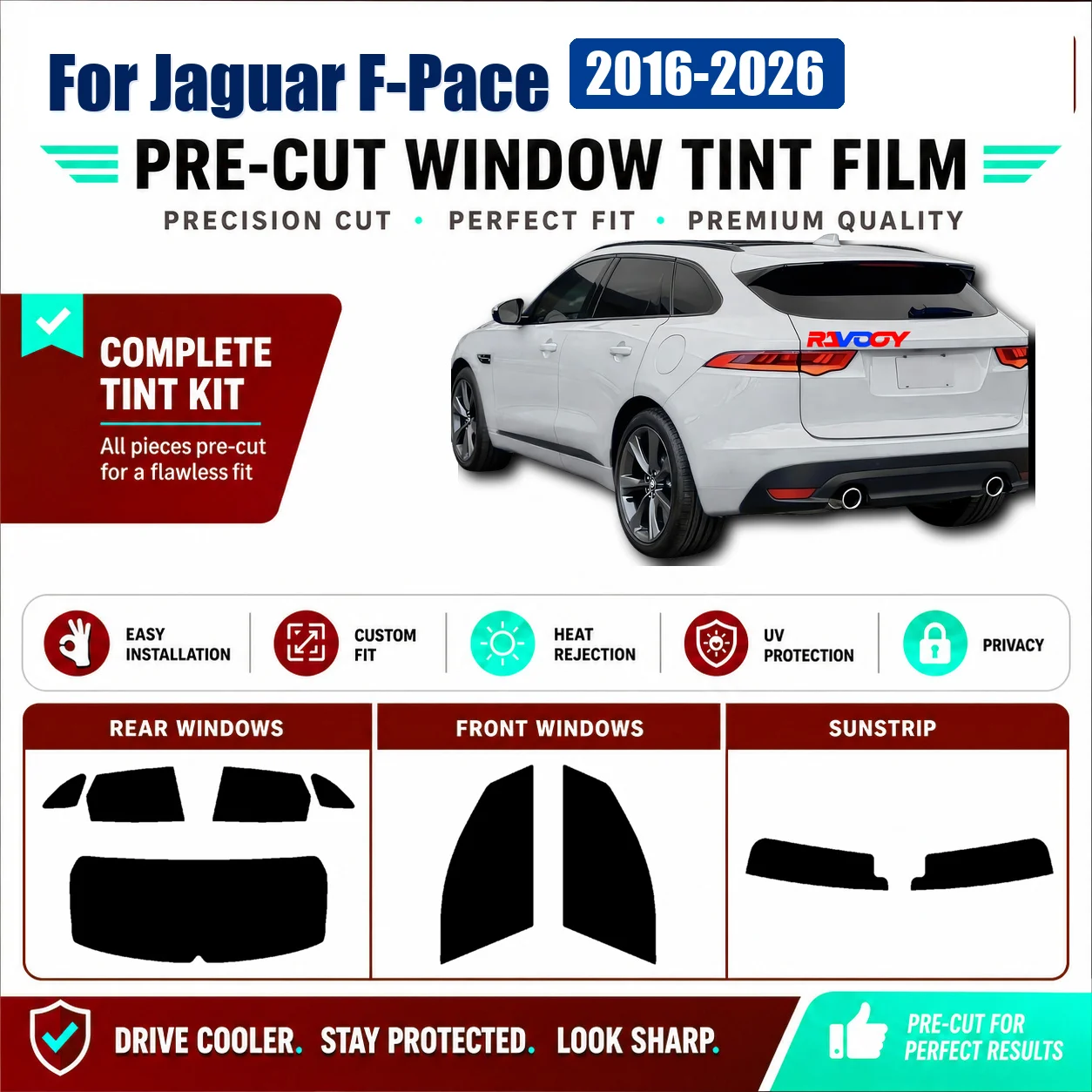 For Jaguar F-Pace 2016-2026 Tailored Full Set Window Glass Tint Kit RAVOOY Heat Reject