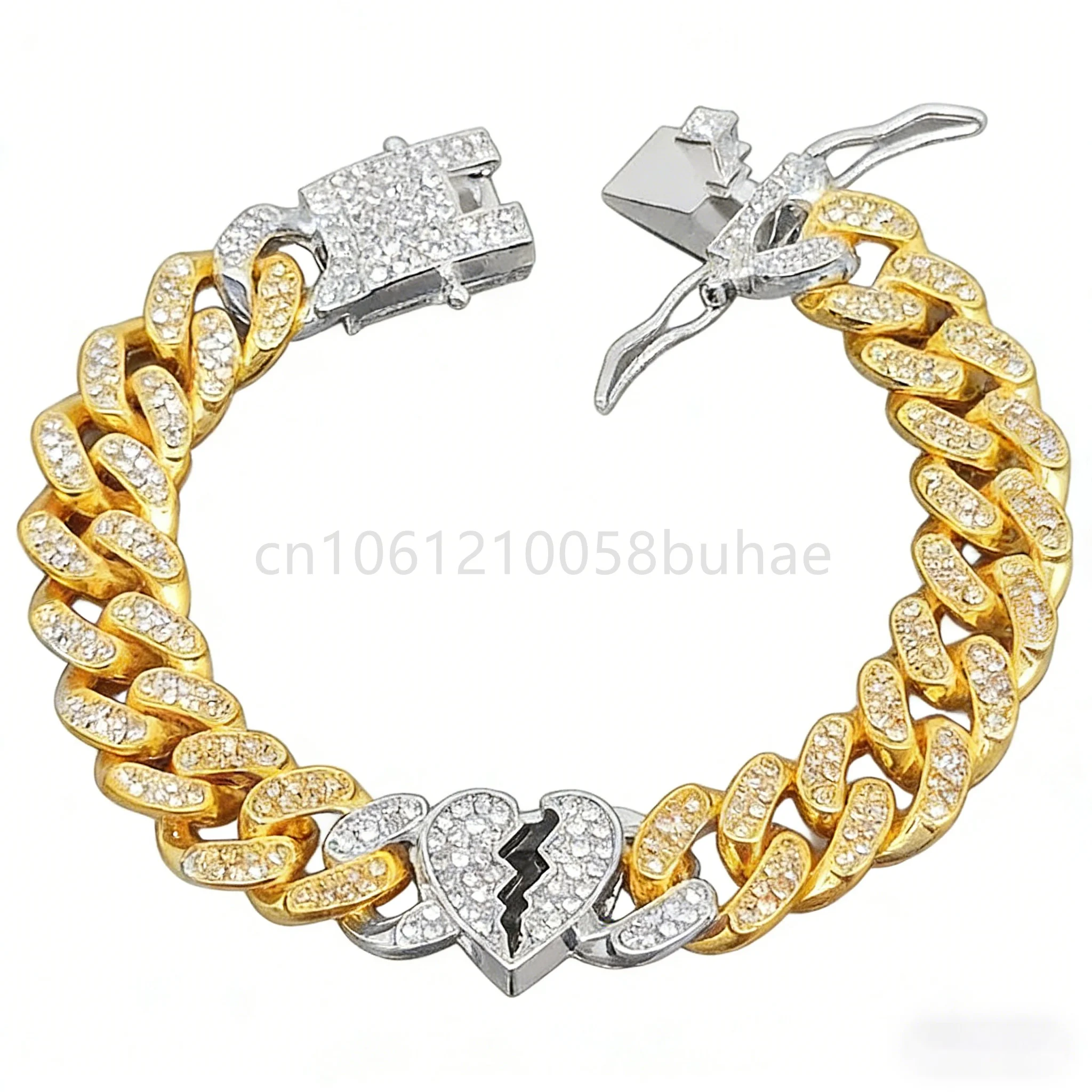 

Hip Hop Broken Heart Cham Jewelry 13mm Miami Curb Cuban Chain Anklet Bracelet Gold Silver 2tone Color Bling CZ Stone Iced Out