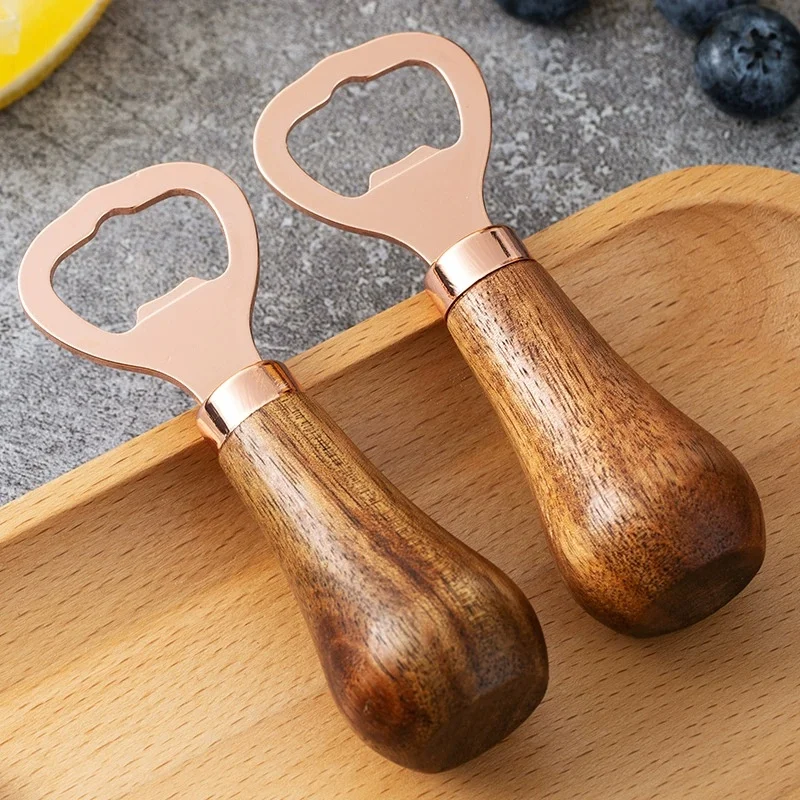 

1PC-Acacia Wood Beer Bottle Opener Home Solid Wood Handle Rose Gold Creative Vertical Wine Starter Stainless Steel Bottle Opener