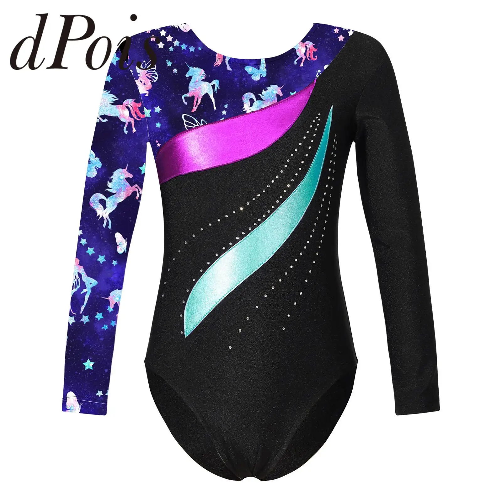 Patchwork Gymnastics Leotard for Girl Kids Long Sleeve Ballet Tutu Dance Leotard Printed Gymnastic Bodysuit Ice Skating Jumpsuit