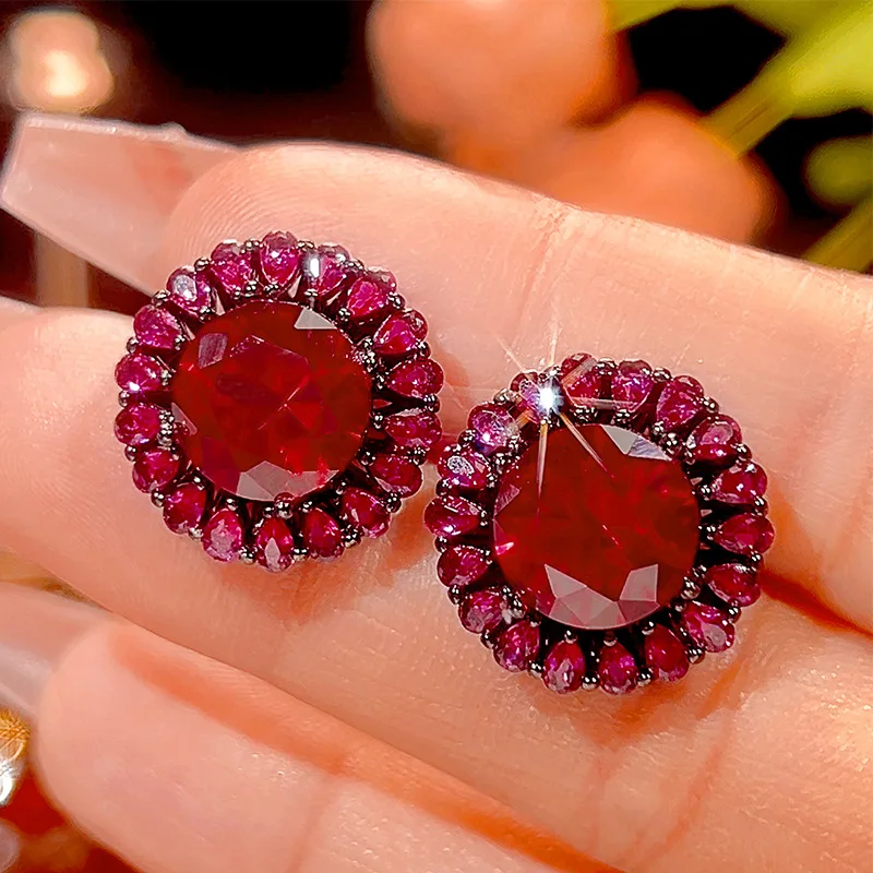 New autumn and winter jewelry set with gold-plated red corundum and a high-end black gold design, main stone size 16-10mm