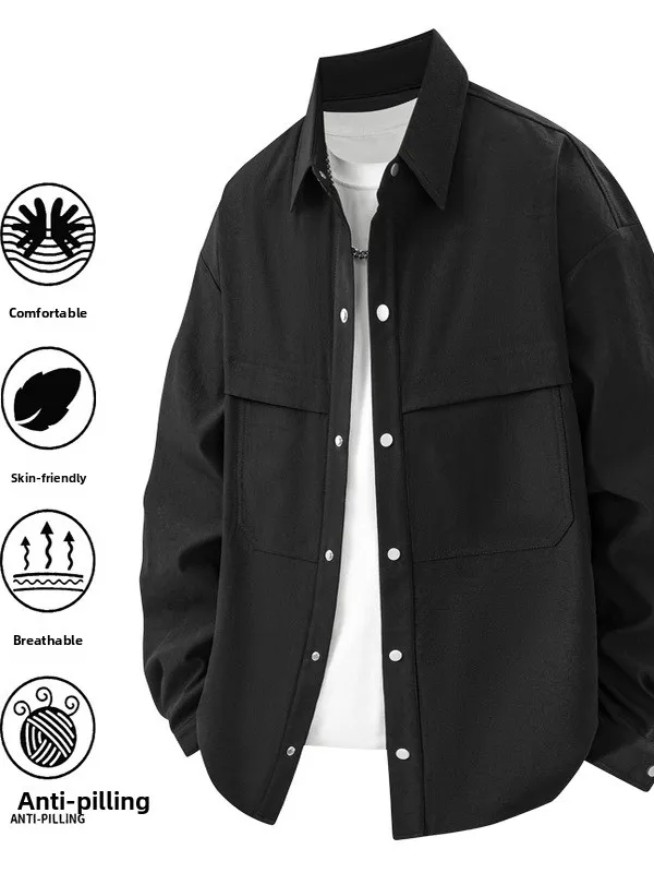 

Men's Casual irt Jaet Spring Autumn New Sle Workwear Top Couple Trendy Brand Versatile Collared irt Loose Polyester F...