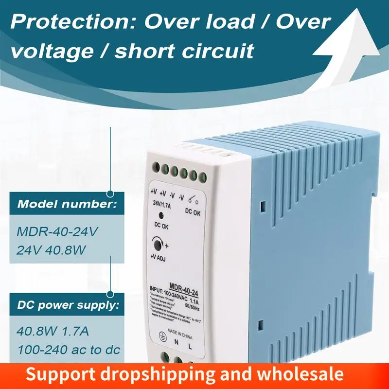 AA86 MDR-40-24V 24V 40.8W Din Rail Power Supply Ac-Dc Driver Voltage Regulator Power Suply 100V-240V