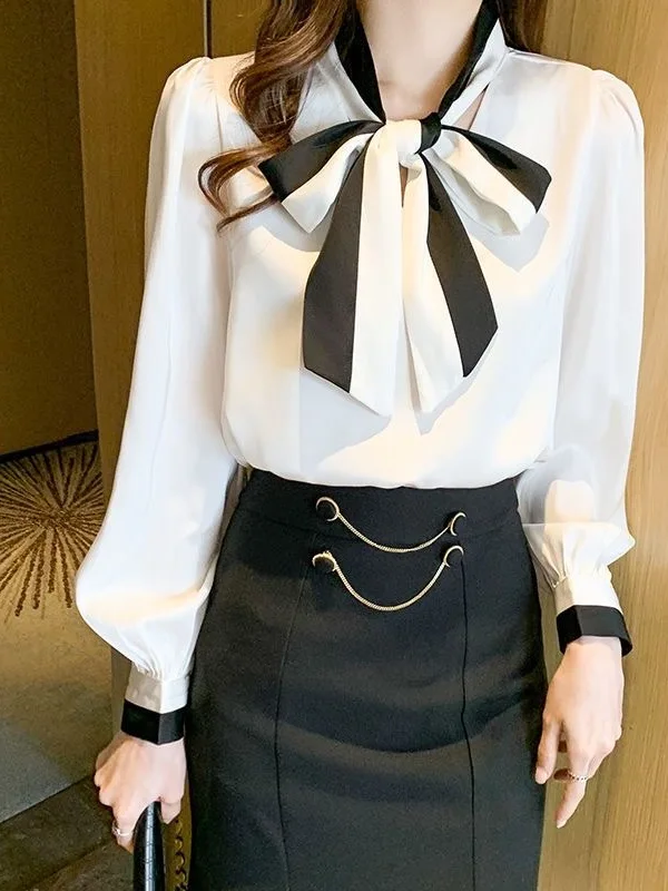 

Женский топ Busin Long Sve irt OL Sle, весенне-осенний шифоновый дизайн с узлом, модный повседневный свободный крой, без кет