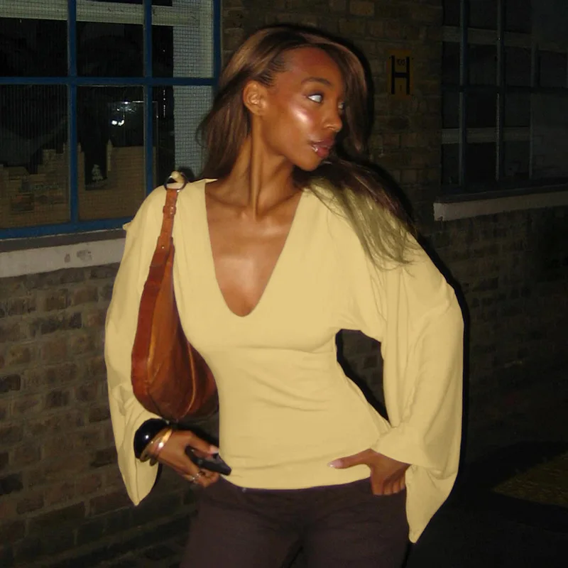 Cseta de Manga Larga con Cuello en V y Corte Ajustado, Estilo Sexy, Tela de Poliéster, Manga Campana, para Mujer, Temporad...