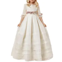 Vestido blanco sencillo de primera comunión con flores para niña, medias mangas de encaje, fiesta de cumpleaños para niños pequeños, desfile de belleza de princesa, vestidos de baile de graduación