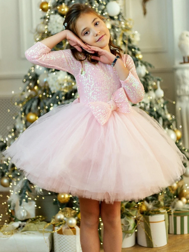 

Flower Girl Dresses Pink Tulle Puffy Sparkly Sequin With Bow 3/4 Sleeve For Wedding Birthday Party Holy Communion Gowns