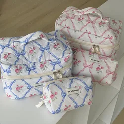 Bow flower cosmetic bag large capacity toilet bag court style quilted storage bag portable soft handbag bag