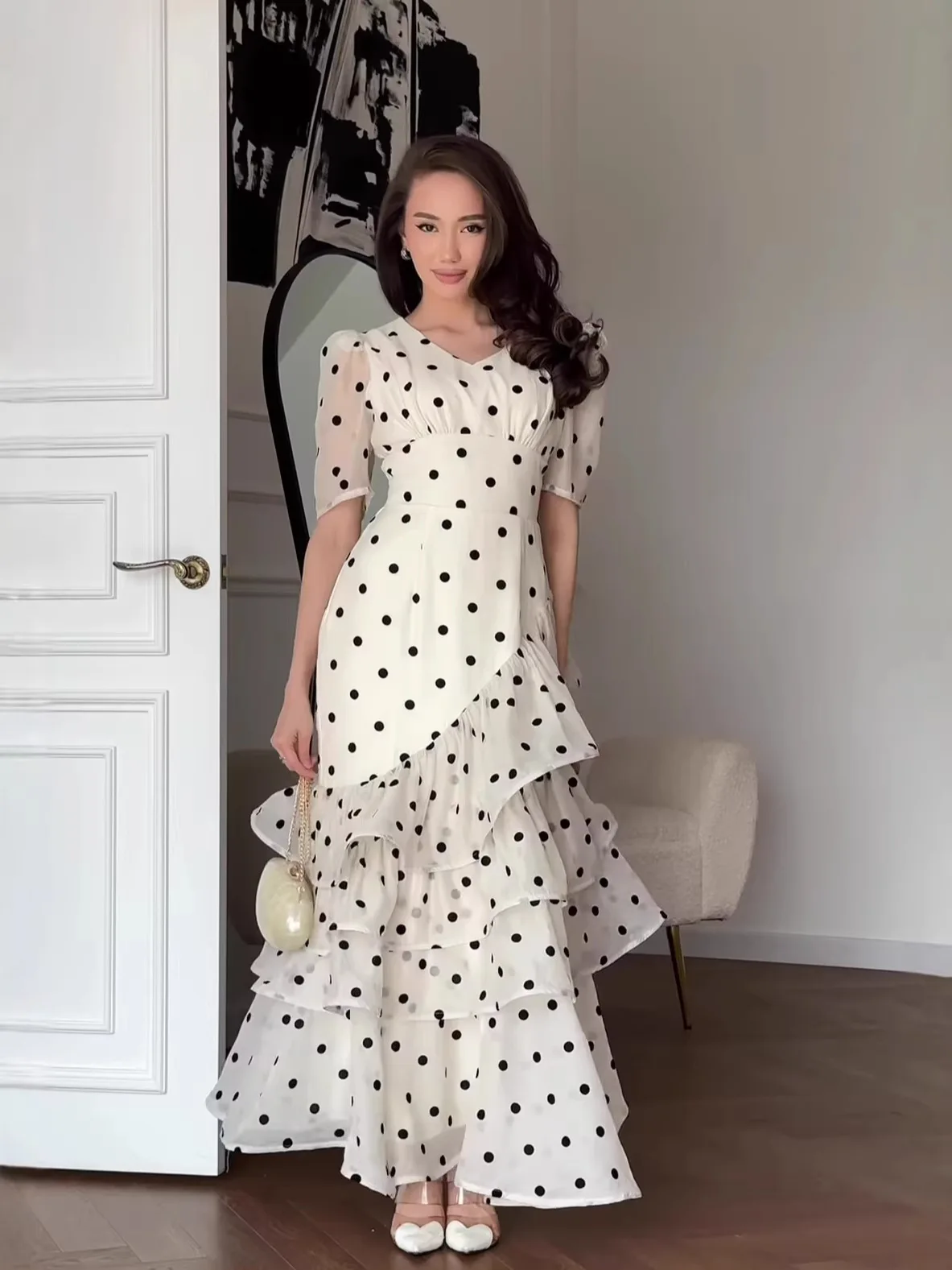 French Elegant Women's Polka Dot Dress Summer Fashion Retro V-neck Slim Short Sleeve Layered Ruffle Edge Lace-up Long Dresses - AliExpress 200000345 French Elegant Women's Polka Dot Dress Summer Fashion Retro V-neck Slim Short Sleeve Layered Ruffle Edge Lace-up Long Dresses - AliExpress 200000345