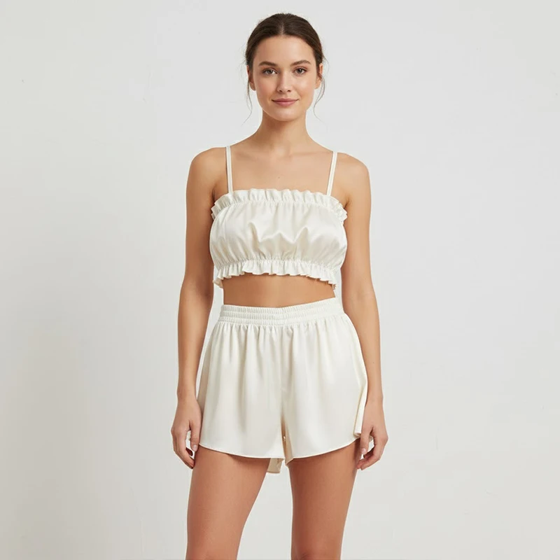 Terno feminino de duas peças com babados, top + shorts confortáveis, pijama de verão, roupas casuais para casa, cor sólida, conforto