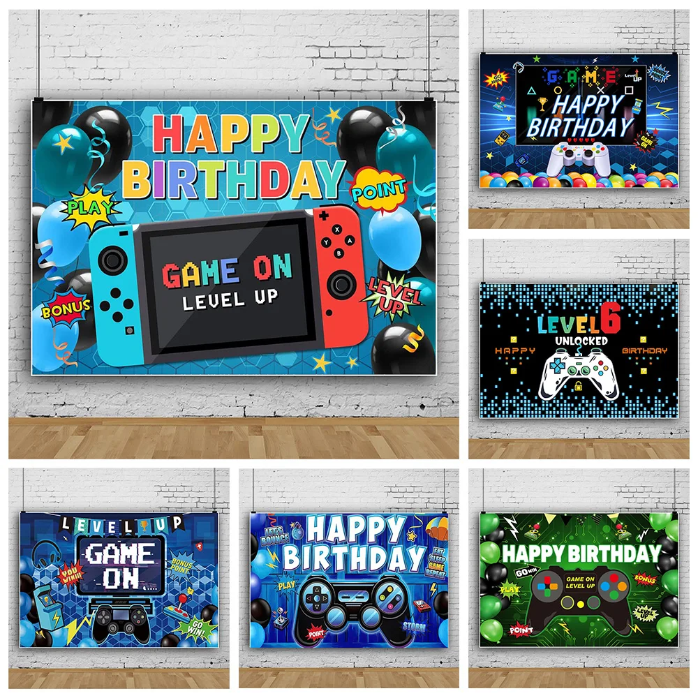 Fondo de cumpleaños de Gamepad para niño, juego de fiesta de cumpleaños en nivel arriba, decoración temática de juegos, pancarta, fondos de