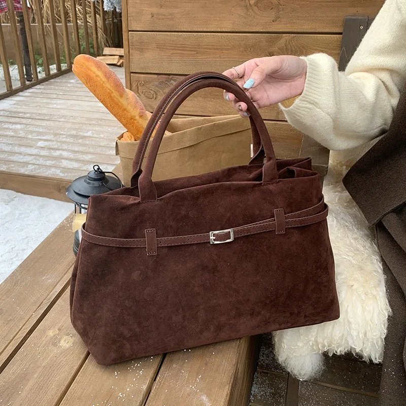 Retro Matte Suede Purse Handbags for Women Large Capacity Fall Winter Casual Tote Bag Belt Design Female Work Shoulder Bags