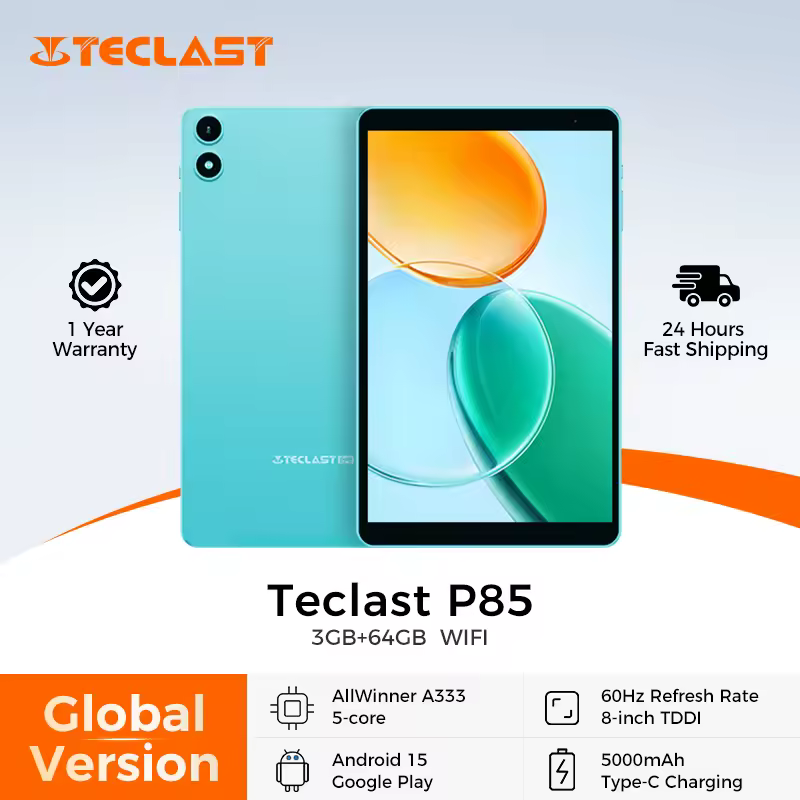 טאבלט Teclast P85 Android 15 בגודל 8 אינץ' IPS עם 3+6GB זיכרון RAM ו-64GB זיכרון ROM, מעבד A333 עם 5 ליבות, חיבור Widevine L1, תמיכה ב-Wi-Fi ו-Type-C בנפח 5000mAh, גוף מתכת