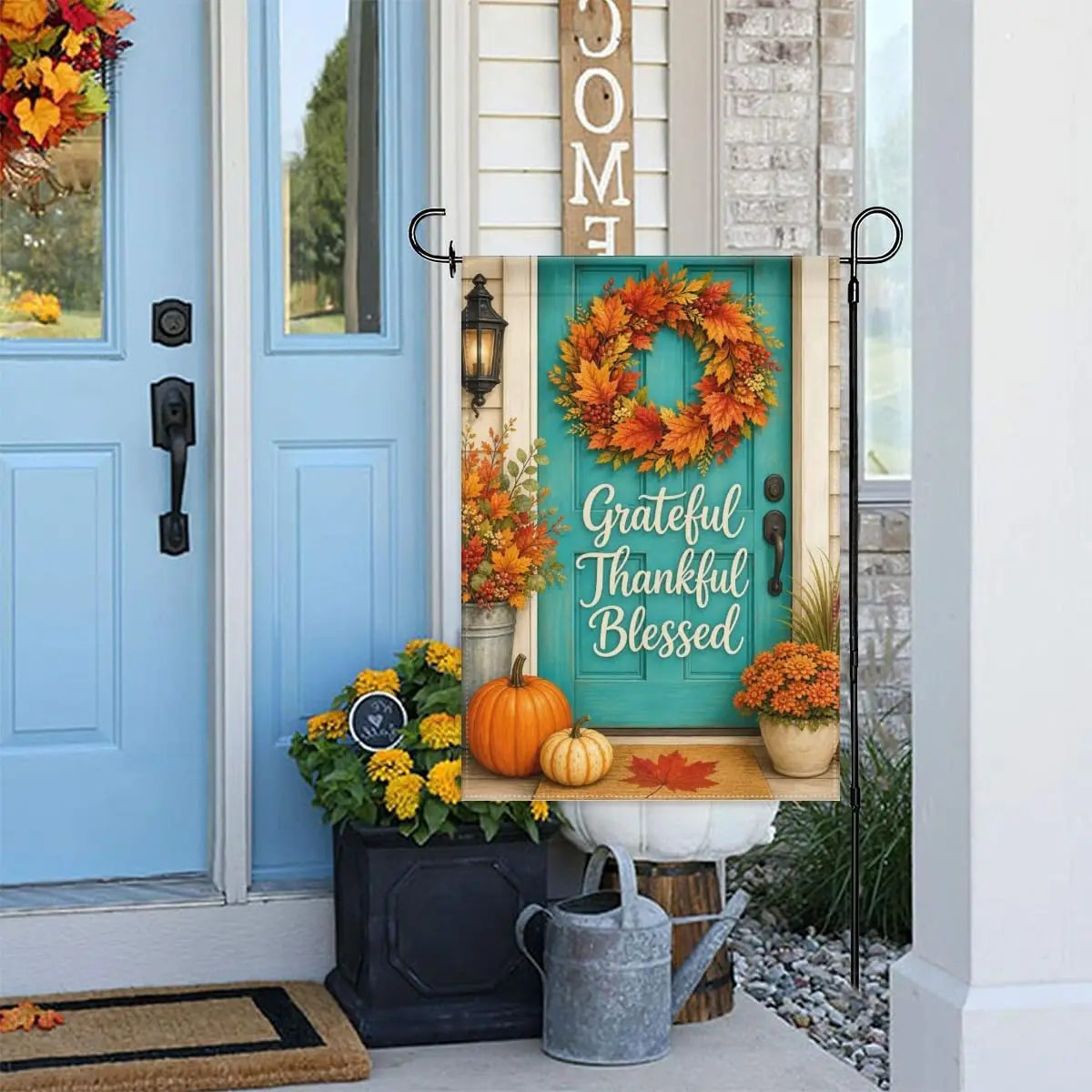 Harvest Gratitude Door Garden Flag Teal Door with Wreath and Pumpkins Door Grateful Thankful Text 12x18 Inch Double Sided Po aaz